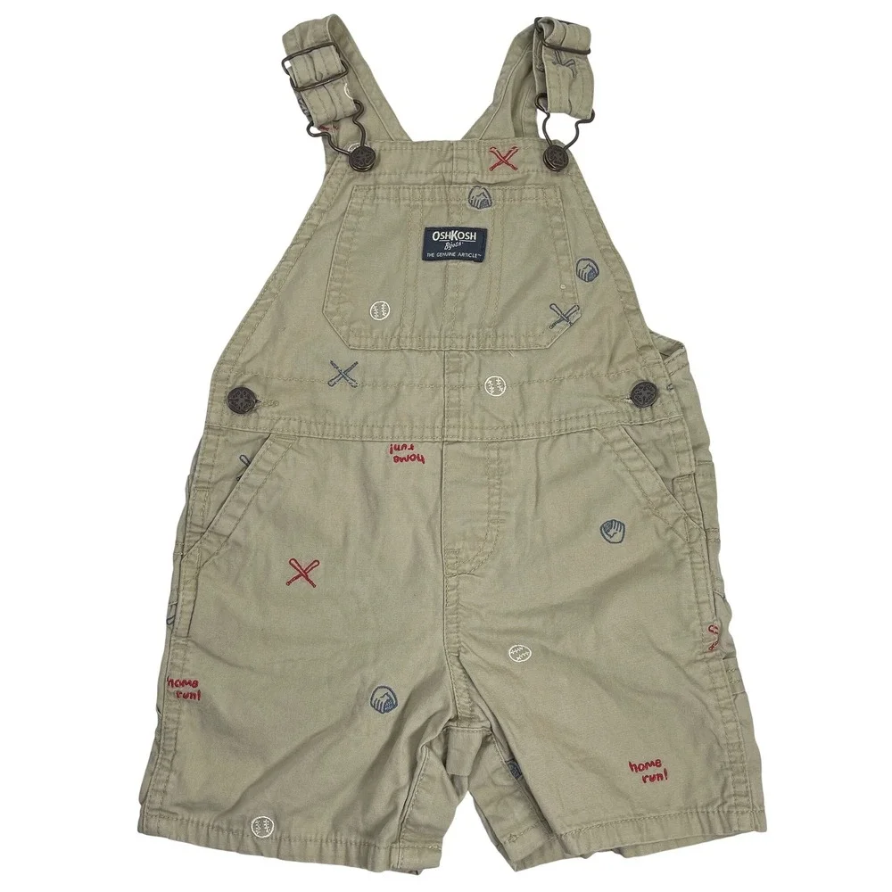 OshKosh B'gosh Baseball Embroidered Shortalls Kids 18-24M Tan Vestbak Overalls